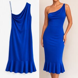 Grace Karin Cobalt Blue One Shoulder Midi Dress M | Mermaid Hem Wedding Guest M